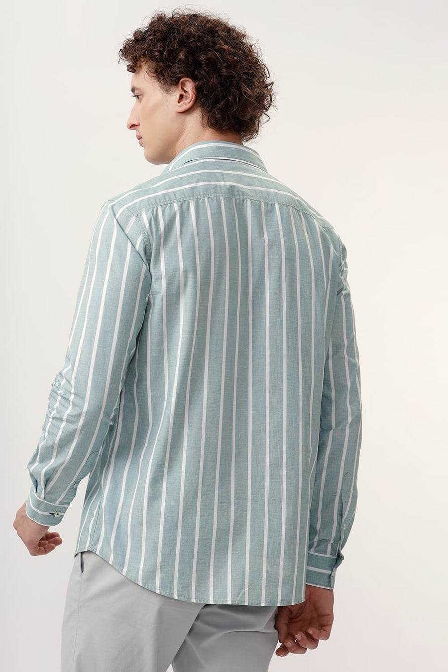 BASICS SLIM FIT JADEITE GREEN COTTON STRIPE SHIRT