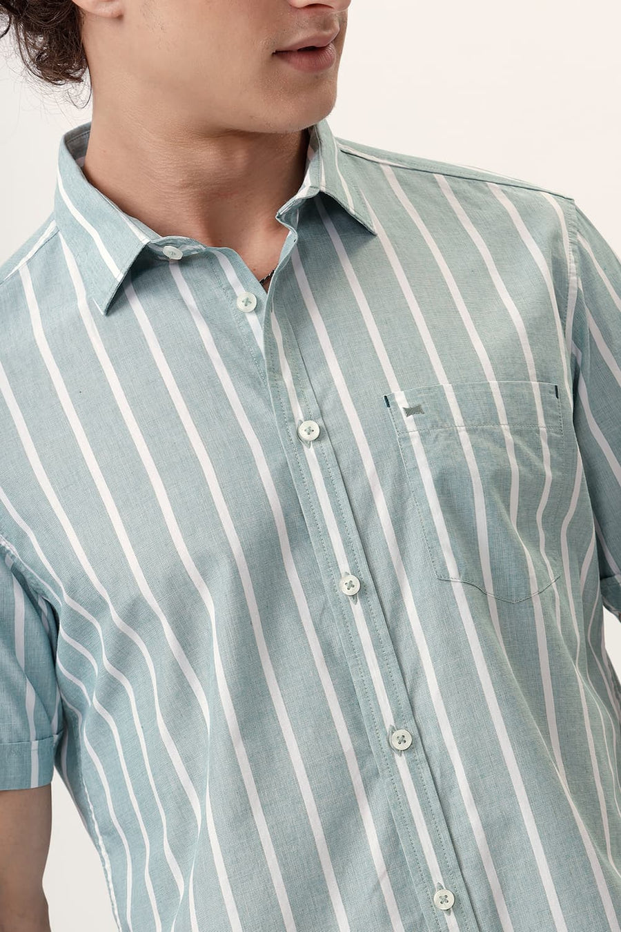 BASICS SLIM FIT JADEITE GREEN COTTON STRIPE HALFSLEEVES SHIRT