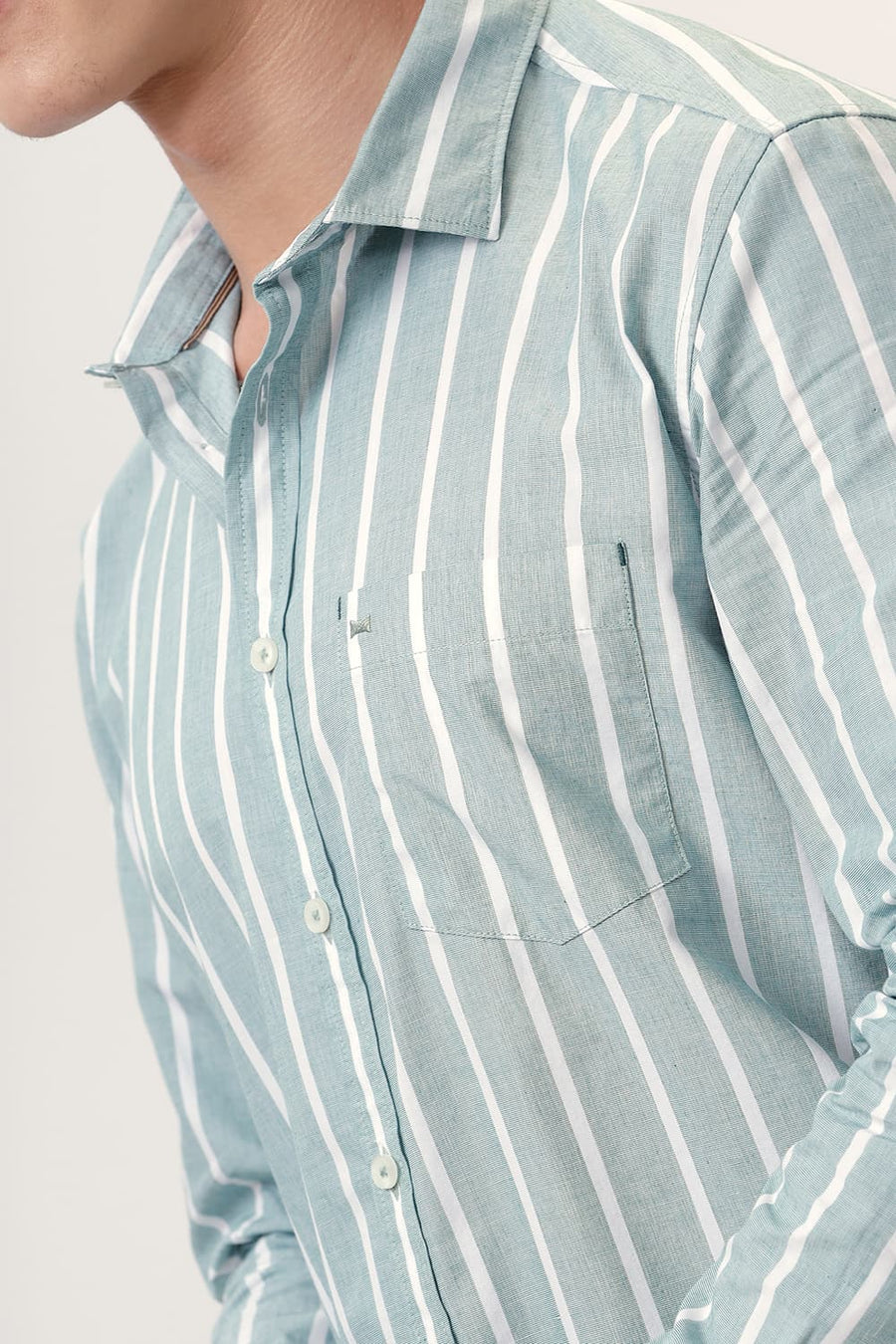 BASICS SLIM FIT JADEITE GREEN COTTON STRIPE SHIRT