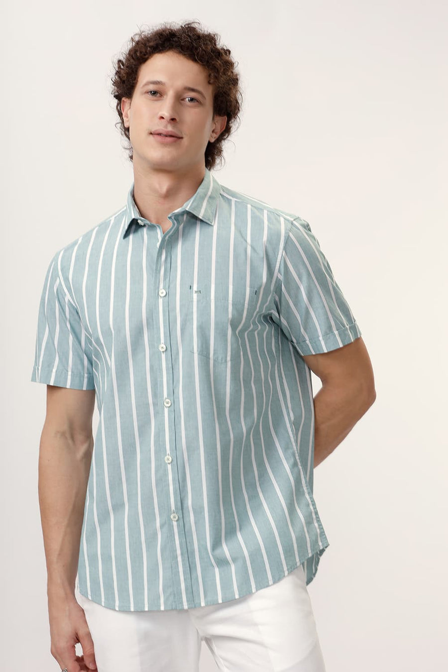 BASICS SLIM FIT JADEITE GREEN COTTON STRIPE HALFSLEEVES SHIRT