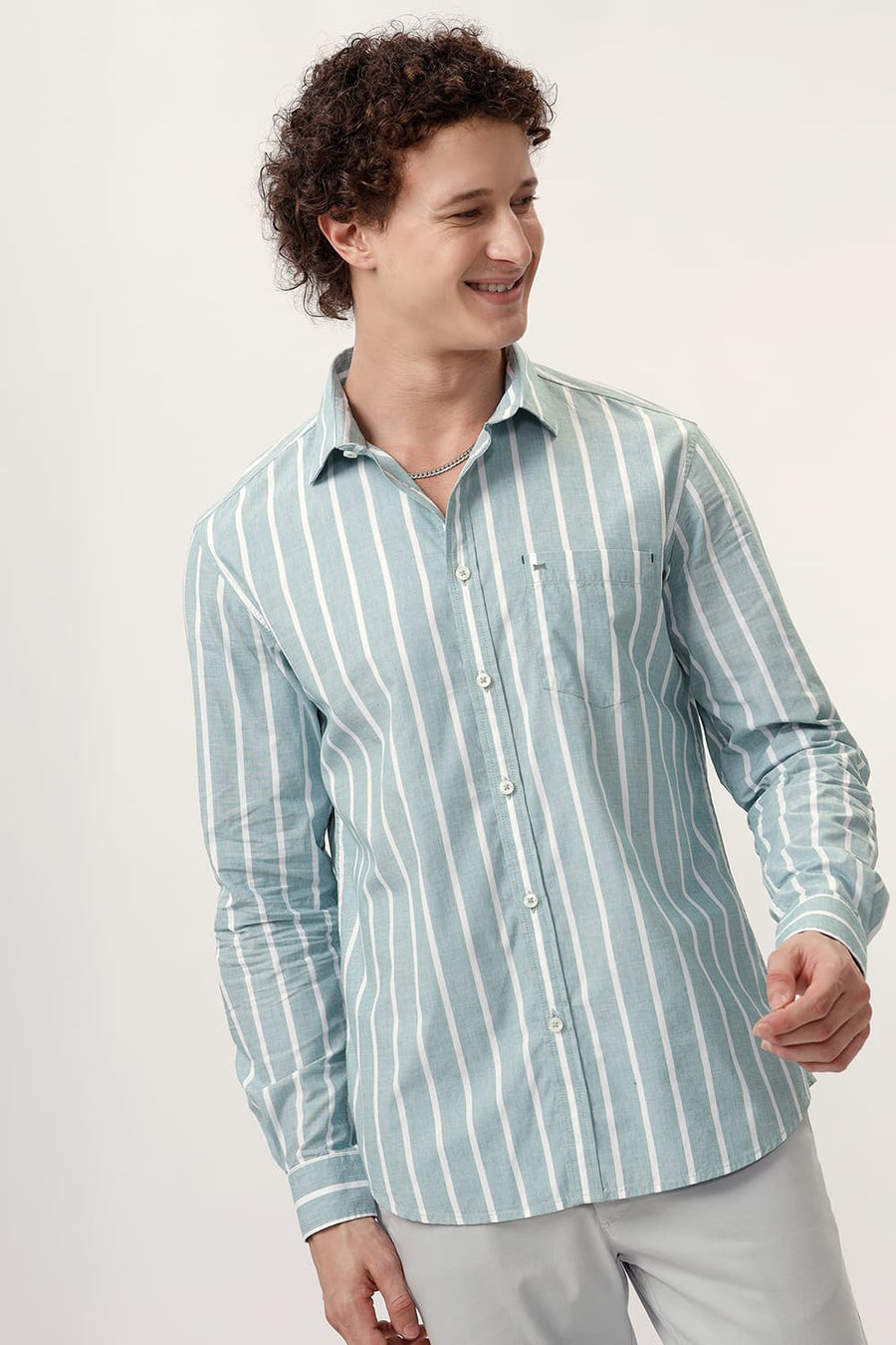 BASICS SLIM FIT JADEITE GREEN COTTON STRIPE SHIRT