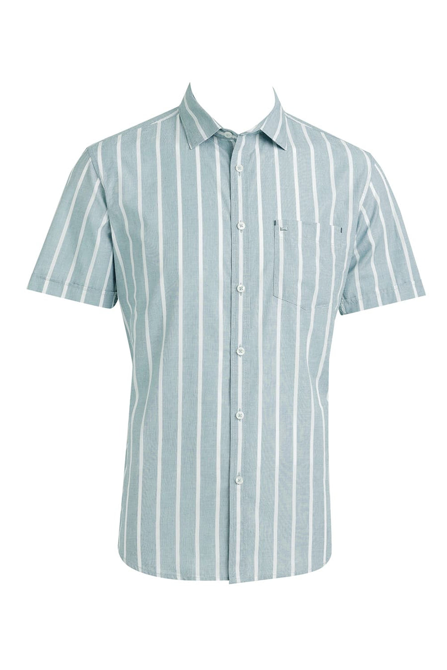 BASICS SLIM FIT JADEITE GREEN COTTON STRIPE HALFSLEEVES SHIRT