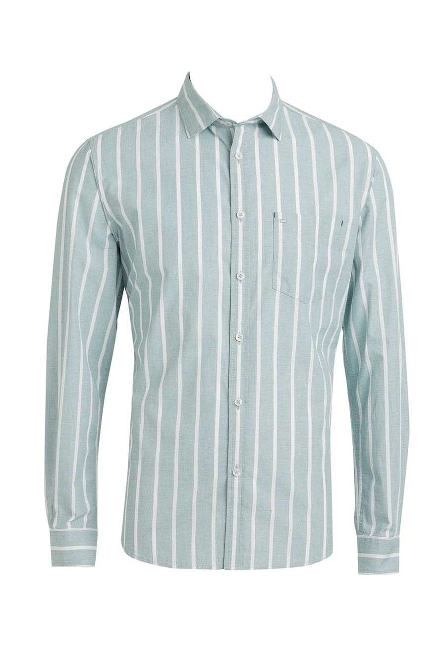 BASICS SLIM FIT JADEITE GREEN COTTON STRIPE SHIRT