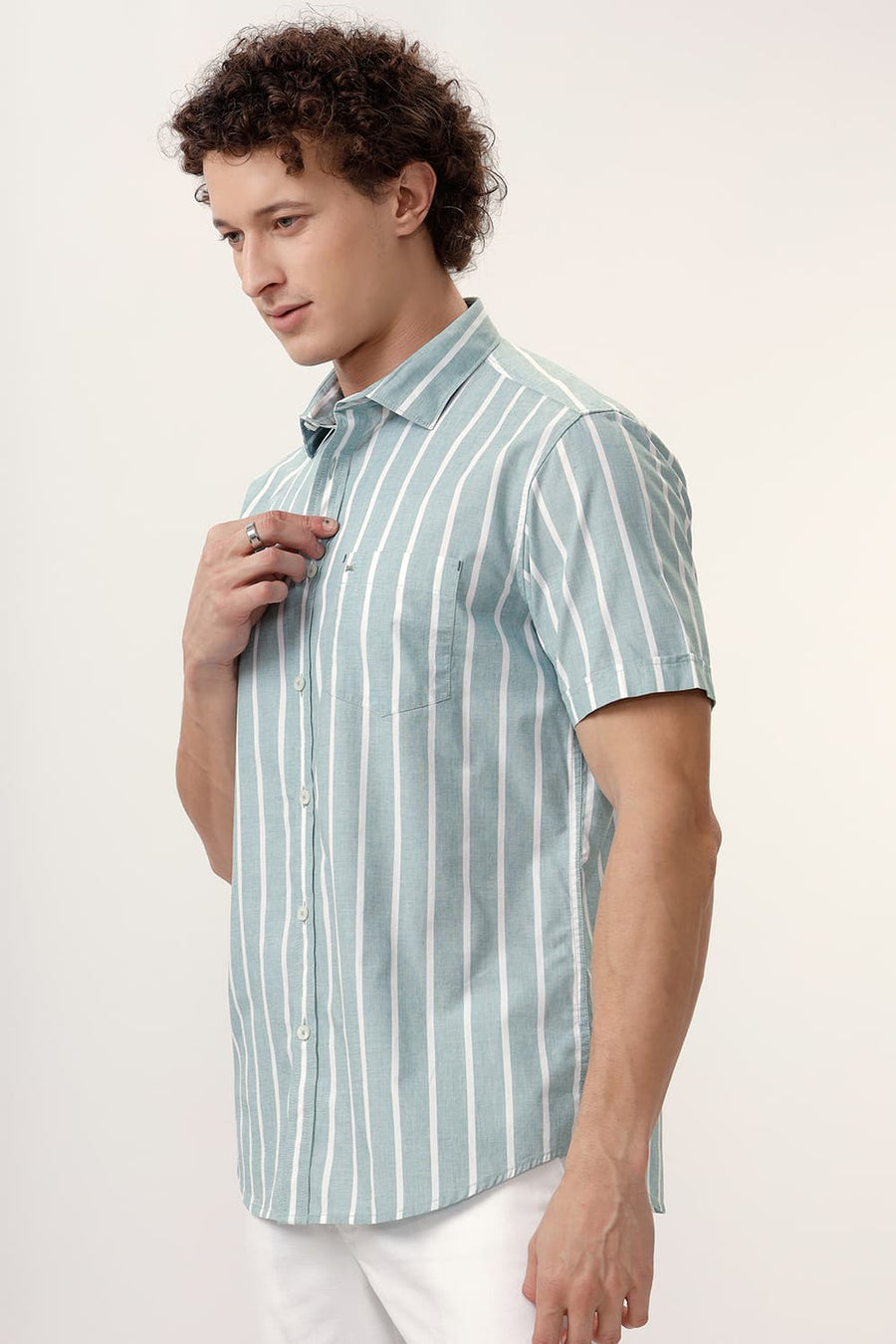 BASICS SLIM FIT JADEITE GREEN COTTON STRIPE HALFSLEEVES SHIRT