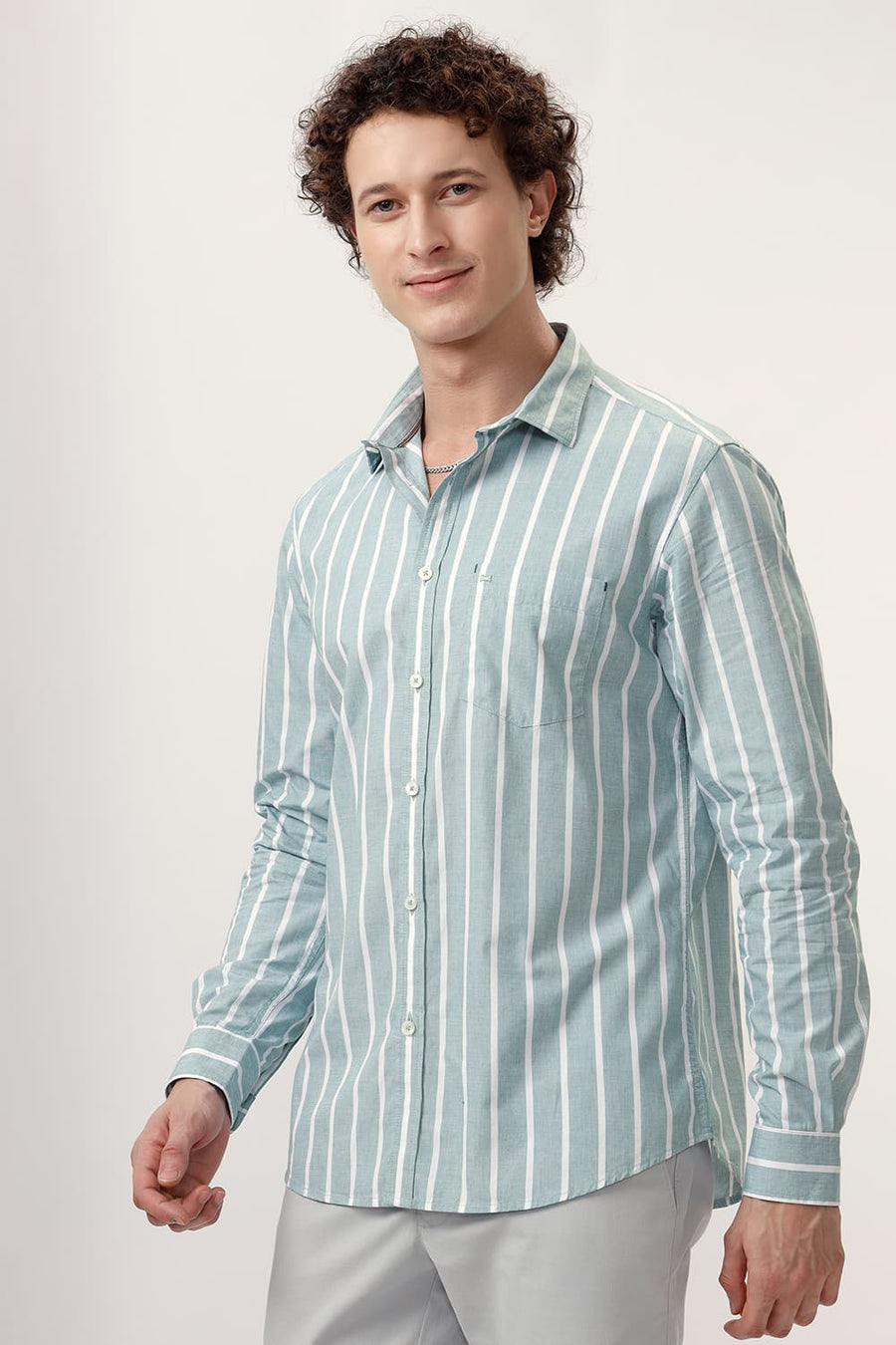 BASICS SLIM FIT JADEITE GREEN COTTON STRIPE SHIRT