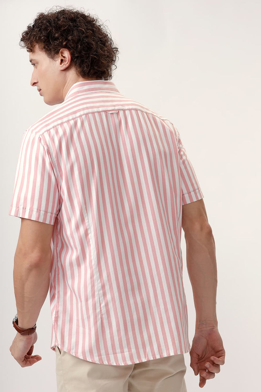 BASICS SLIM FIT PEONY PINK COTTON HERRINGBONE TWILL STRIPE HALFSLEEVES SHIRT