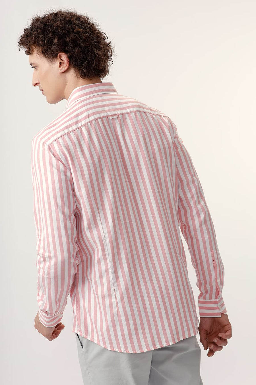 BASICS SLIM FIT PEONY PINK COTTON HERRINGBONE TWILL STRIPE SHIRT