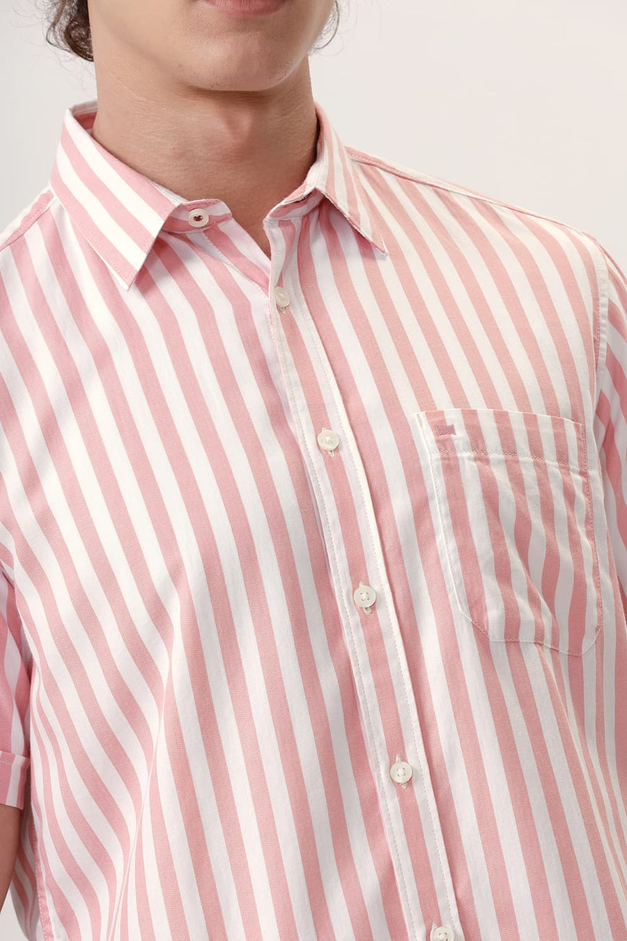 BASICS SLIM FIT PEONY PINK COTTON HERRINGBONE TWILL STRIPE HALFSLEEVES SHIRT