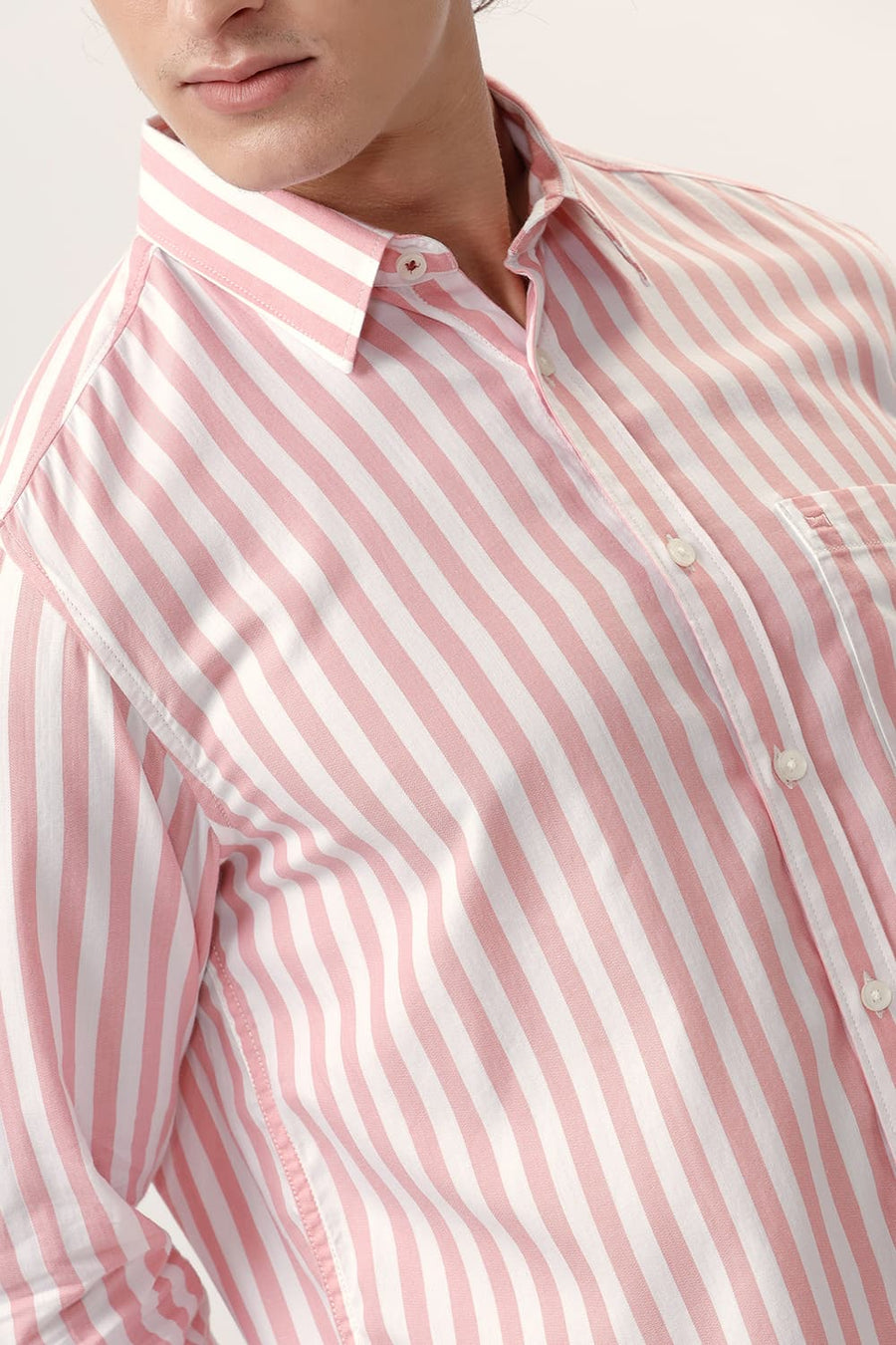 BASICS SLIM FIT PEONY PINK COTTON HERRINGBONE TWILL STRIPE SHIRT