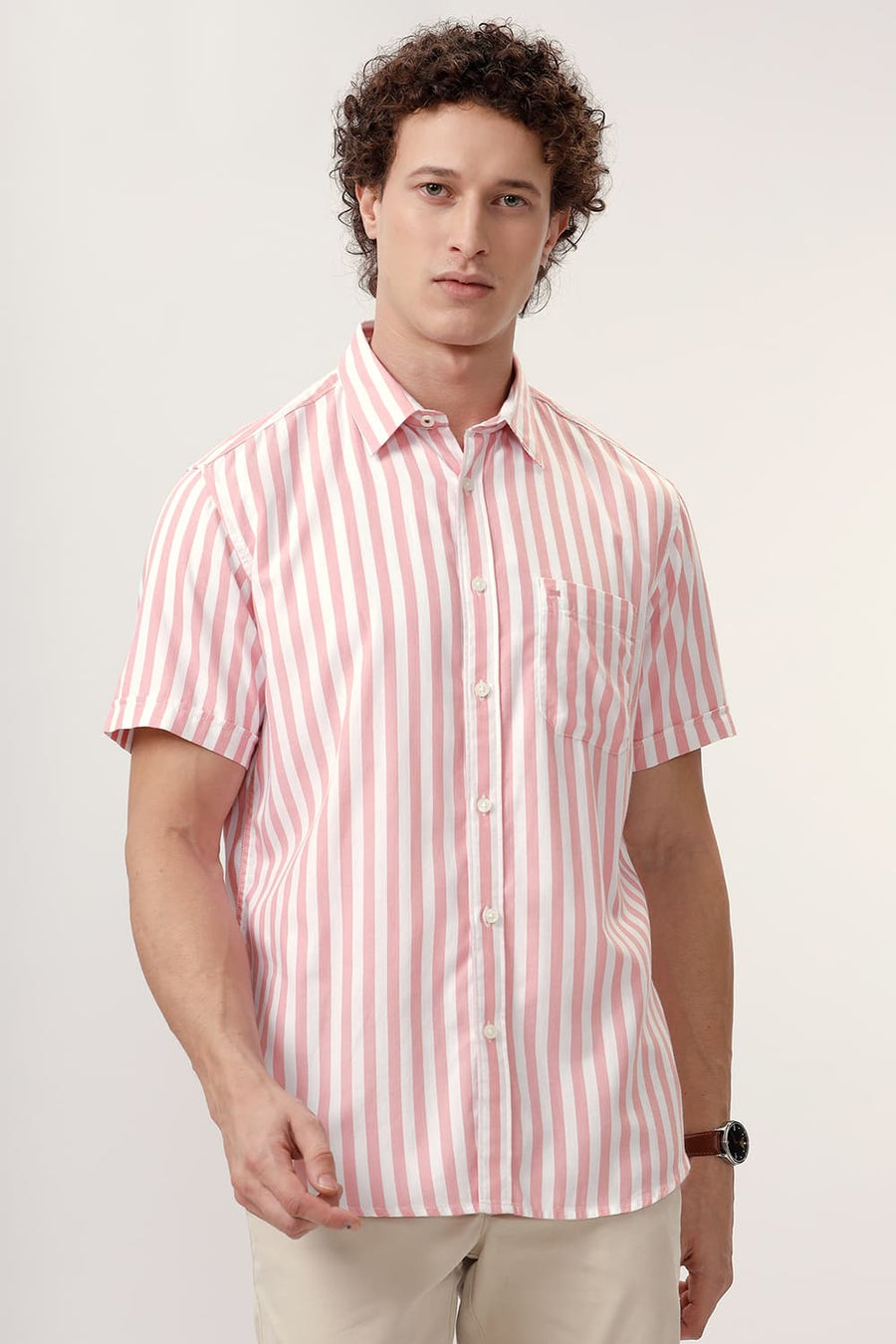 BASICS SLIM FIT PEONY PINK COTTON HERRINGBONE TWILL STRIPE HALFSLEEVES SHIRT
