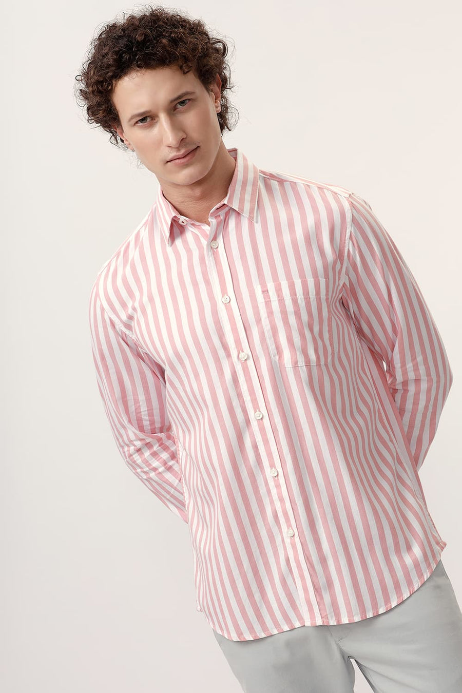 BASICS SLIM FIT PEONY PINK COTTON HERRINGBONE TWILL STRIPE SHIRT