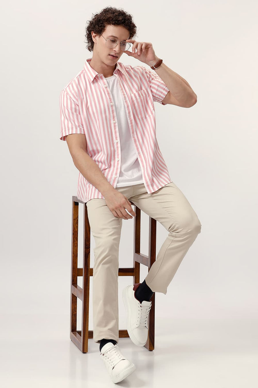 BASICS SLIM FIT PEONY PINK COTTON HERRINGBONE TWILL STRIPE HALFSLEEVES SHIRT