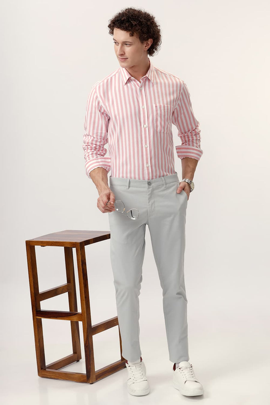 BASICS SLIM FIT PEONY PINK COTTON HERRINGBONE TWILL STRIPE SHIRT