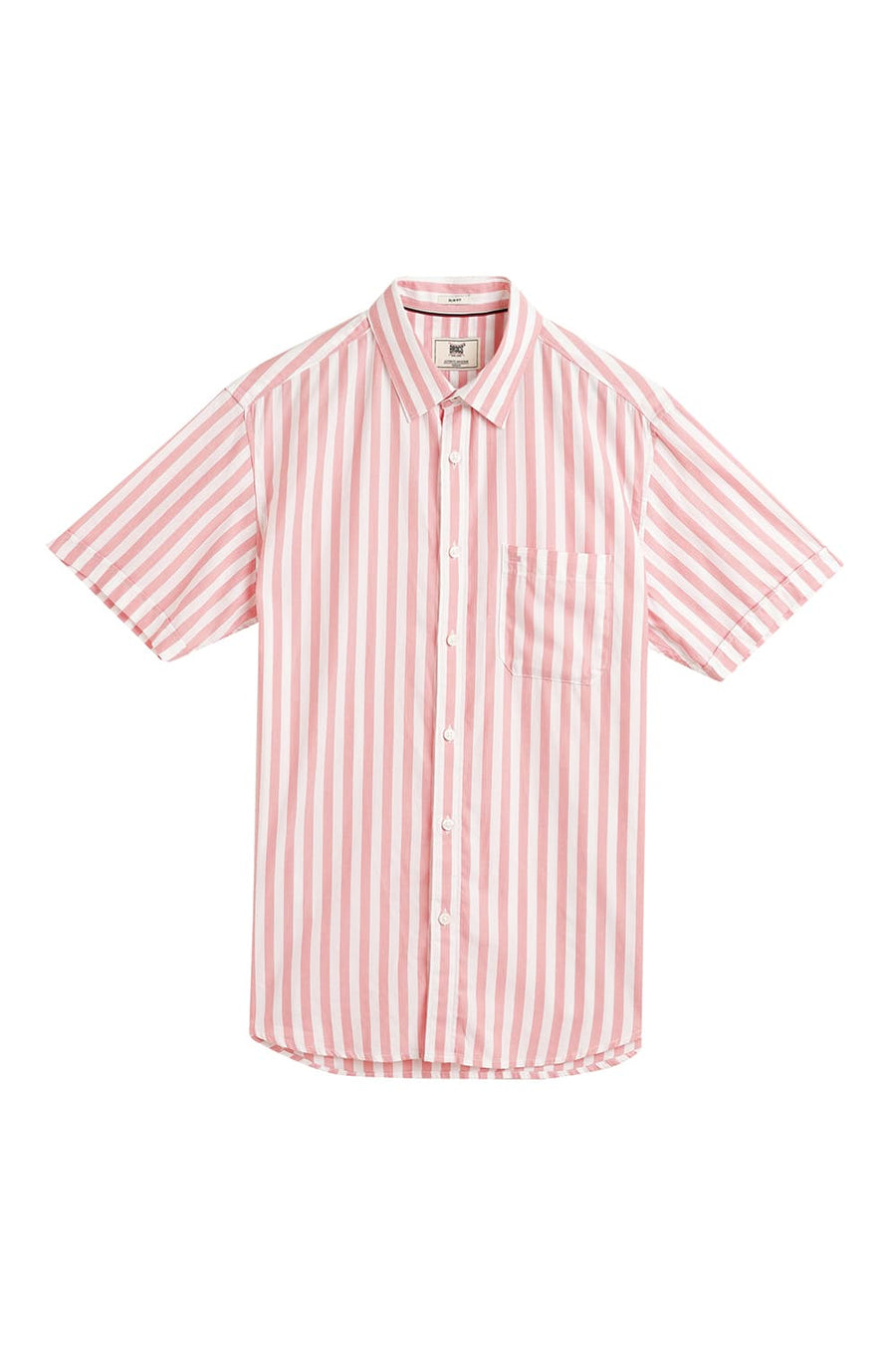 BASICS SLIM FIT PEONY PINK COTTON HERRINGBONE TWILL STRIPE HALFSLEEVES SHIRT