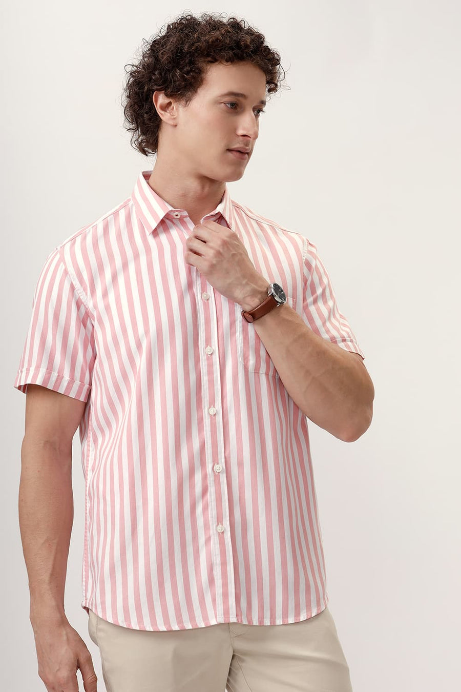 BASICS SLIM FIT PEONY PINK COTTON HERRINGBONE TWILL STRIPE HALFSLEEVES SHIRT