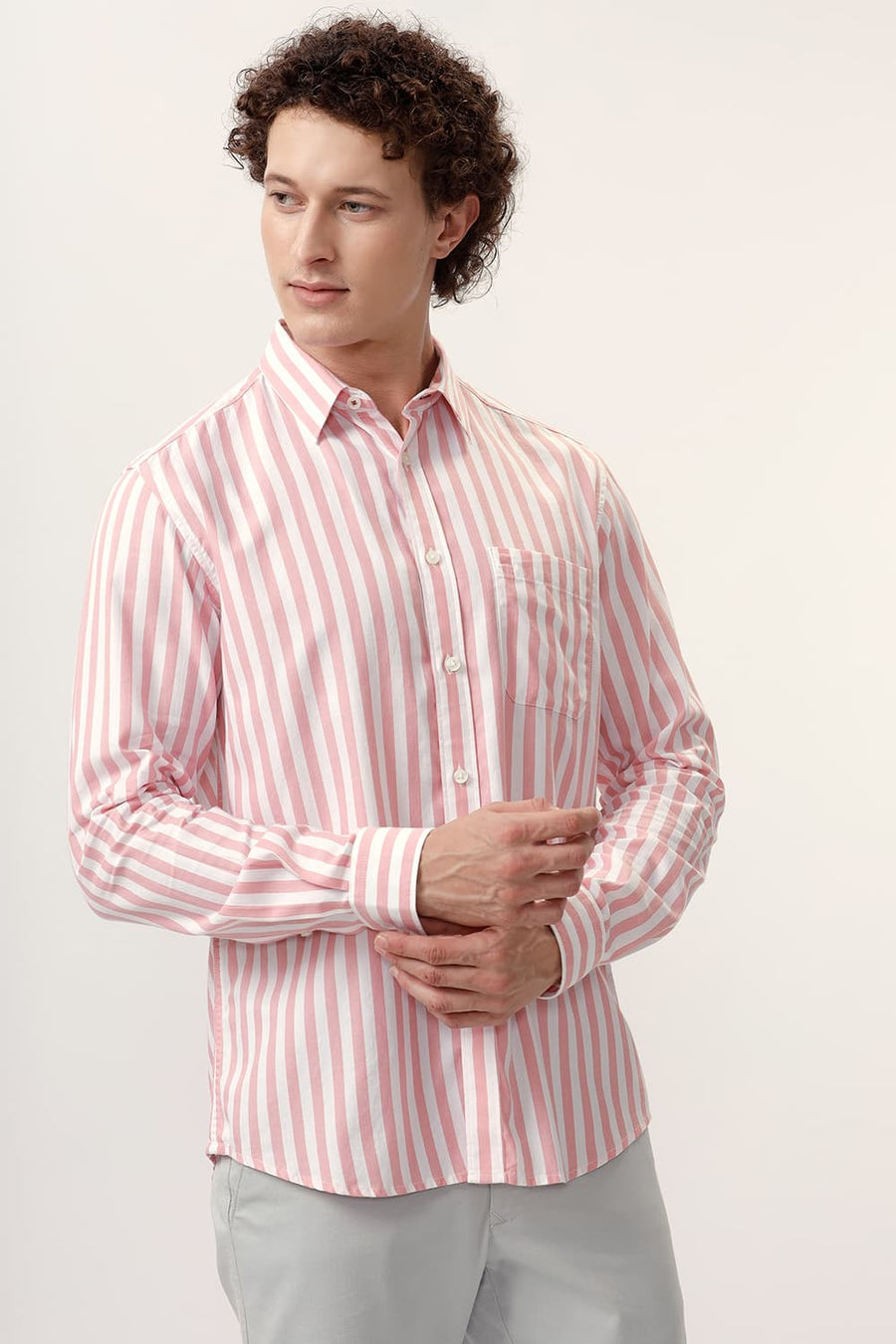 BASICS SLIM FIT PEONY PINK COTTON HERRINGBONE TWILL STRIPE SHIRT