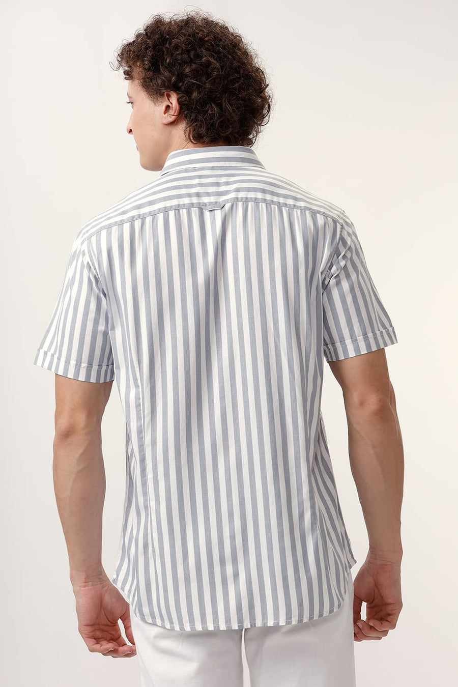 BASICS SLIM FIT QUARRY GREY COTTON HERRINGBONE TWILL STRIPE HALFSLEEVES SHIRT
