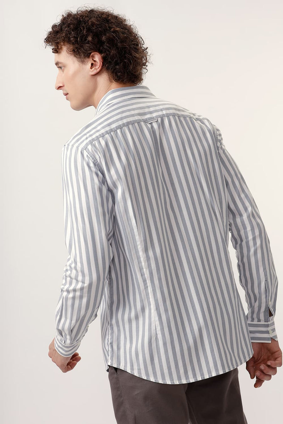 BASICS SLIM FIT QUARRY GREY COTTON HERRINGBONE TWILL STRIPE SHIRT