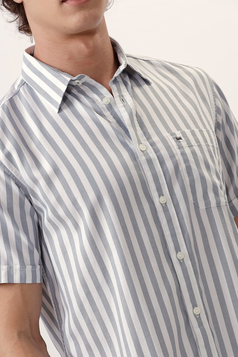 BASICS SLIM FIT QUARRY GREY COTTON HERRINGBONE TWILL STRIPE HALFSLEEVES SHIRT