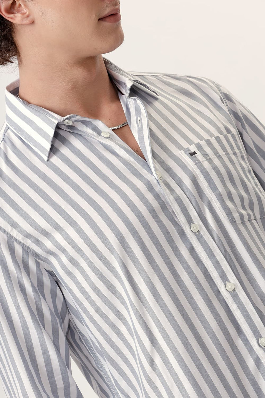 BASICS SLIM FIT QUARRY GREY COTTON HERRINGBONE TWILL STRIPE SHIRT