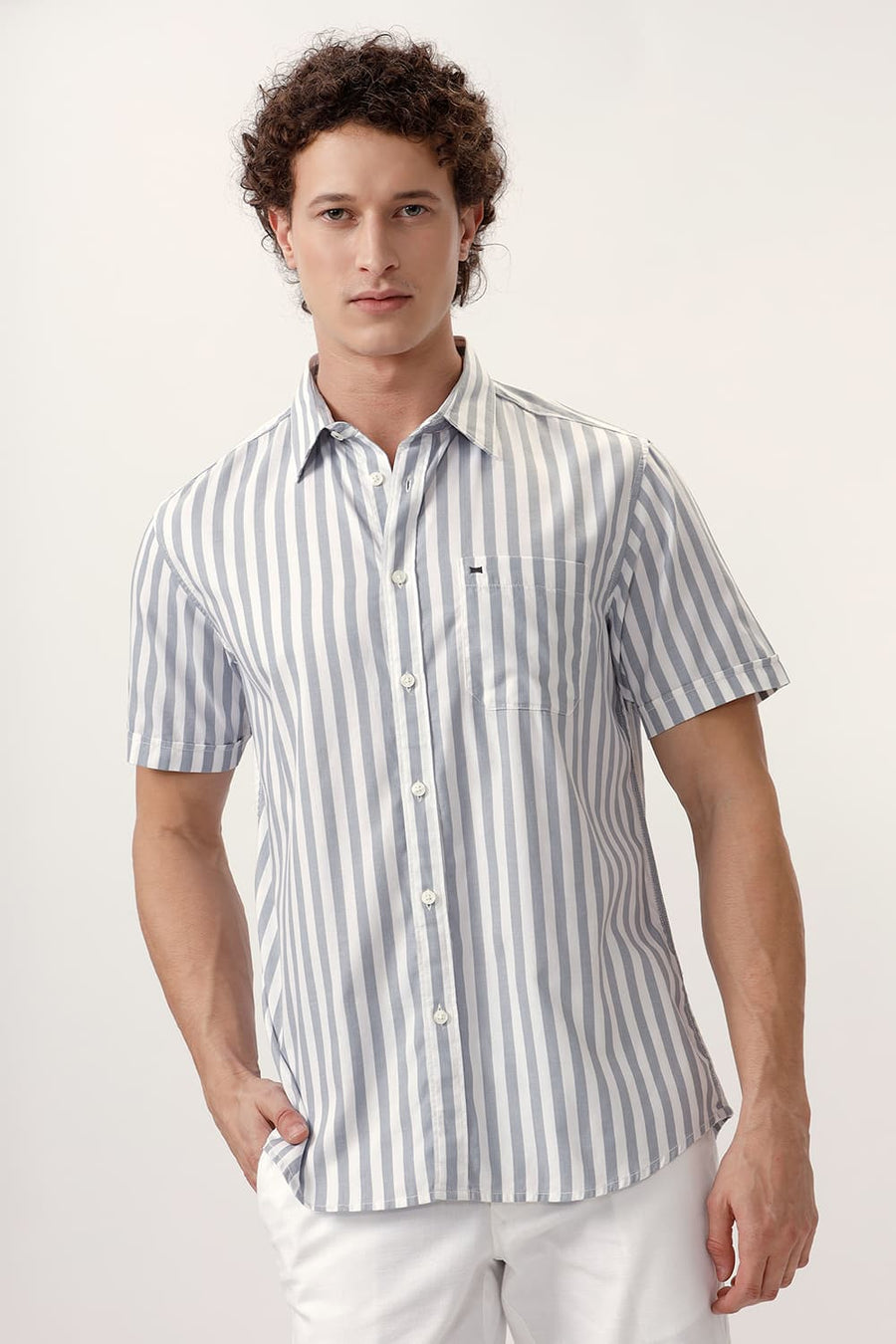 BASICS SLIM FIT QUARRY GREY COTTON HERRINGBONE TWILL STRIPE HALFSLEEVES SHIRT