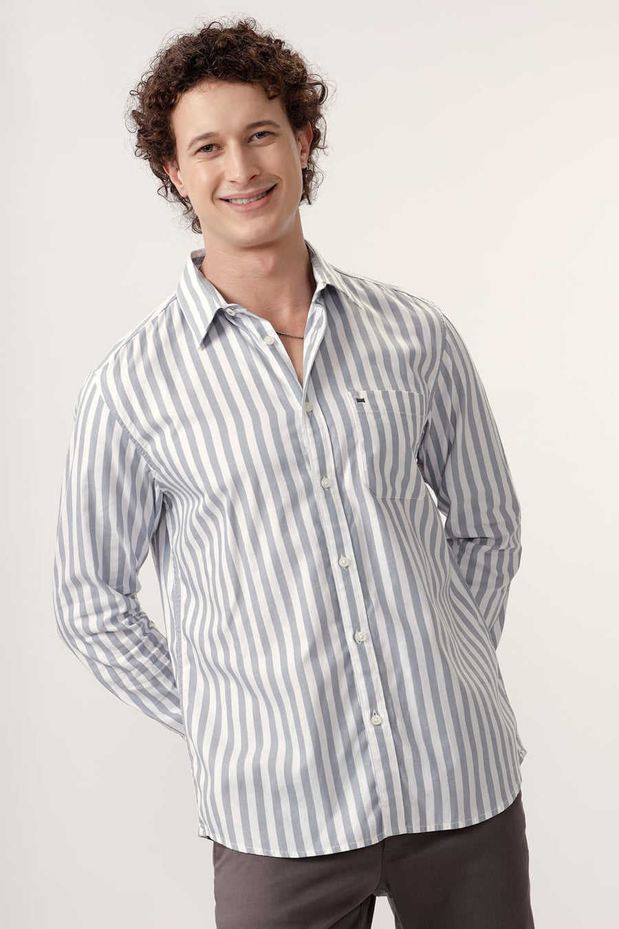 BASICS SLIM FIT QUARRY GREY COTTON HERRINGBONE TWILL STRIPE SHIRT