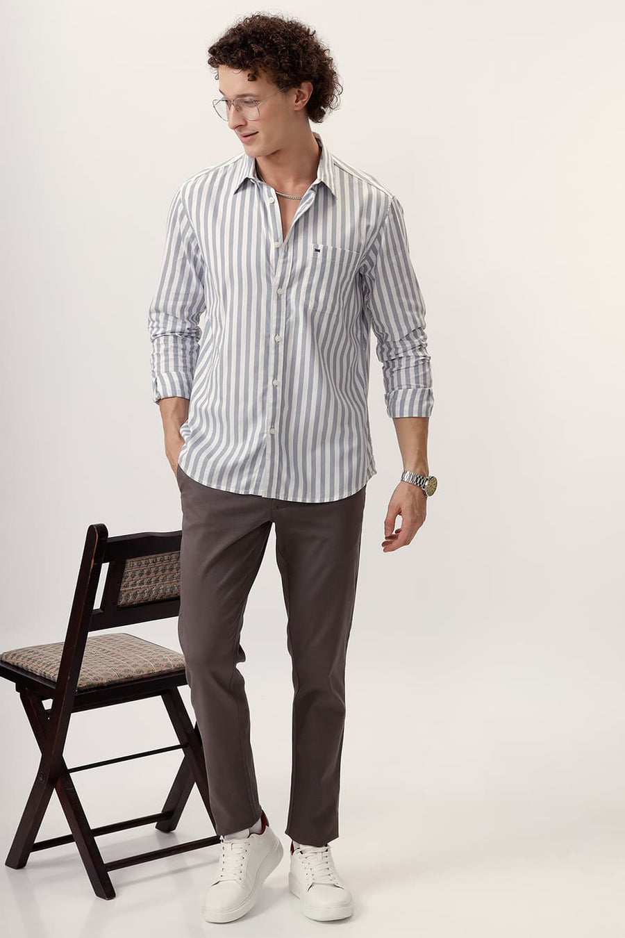 BASICS SLIM FIT QUARRY GREY COTTON HERRINGBONE TWILL STRIPE SHIRT