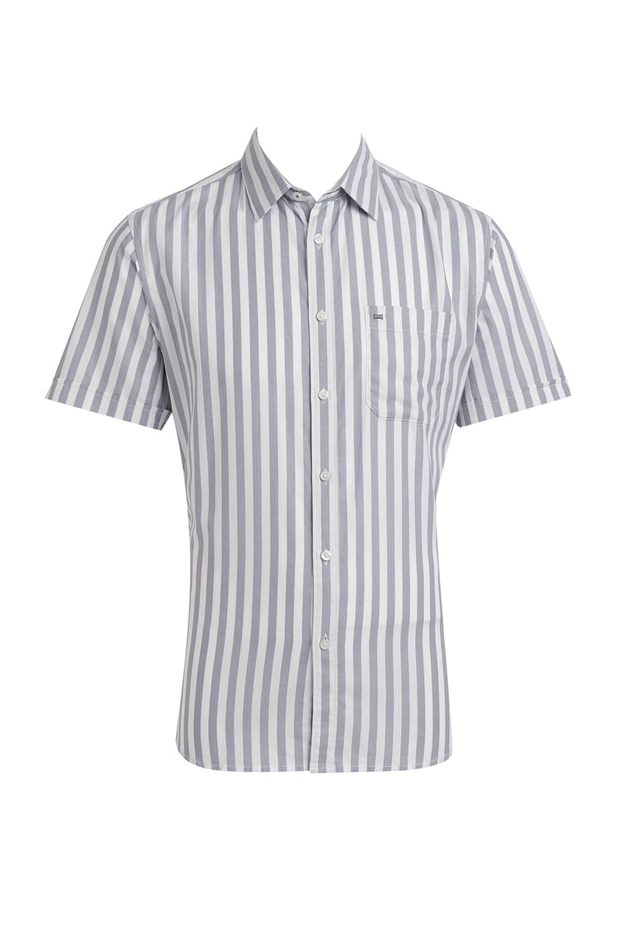 BASICS SLIM FIT QUARRY GREY COTTON HERRINGBONE TWILL STRIPE HALFSLEEVES SHIRT