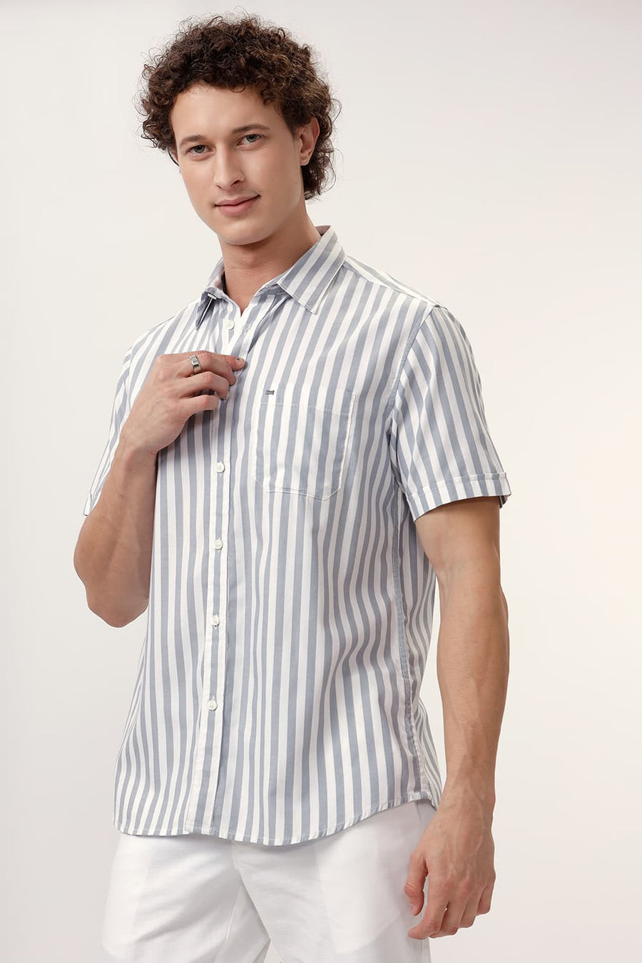 BASICS SLIM FIT QUARRY GREY COTTON HERRINGBONE TWILL STRIPE HALFSLEEVES SHIRT