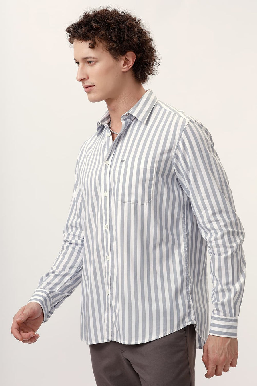 BASICS SLIM FIT QUARRY GREY COTTON HERRINGBONE TWILL STRIPE SHIRT