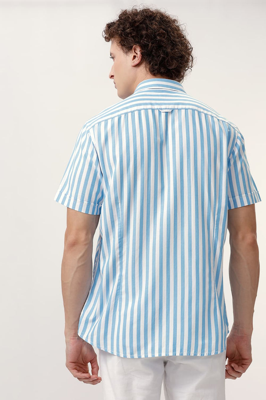 BASICS SLIM FIT AZURE BLUE COTTON HERRINGBONE TWILL STRIPE HALFSLEEVES SHIRT