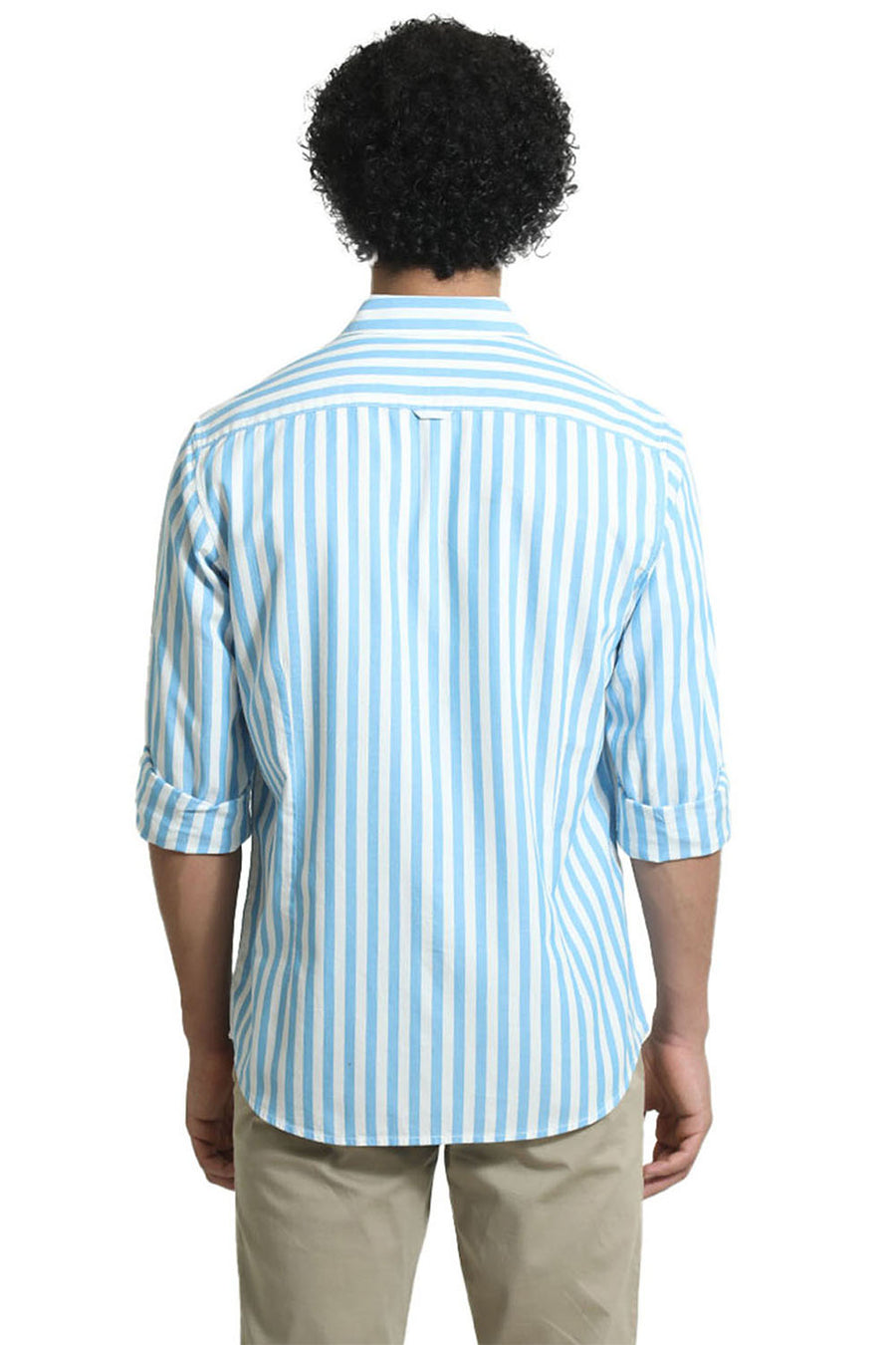 BASICS SLIM FIT AZURE BLUE COTTON HERRINGBONE TWILL STRIPE SHIRT