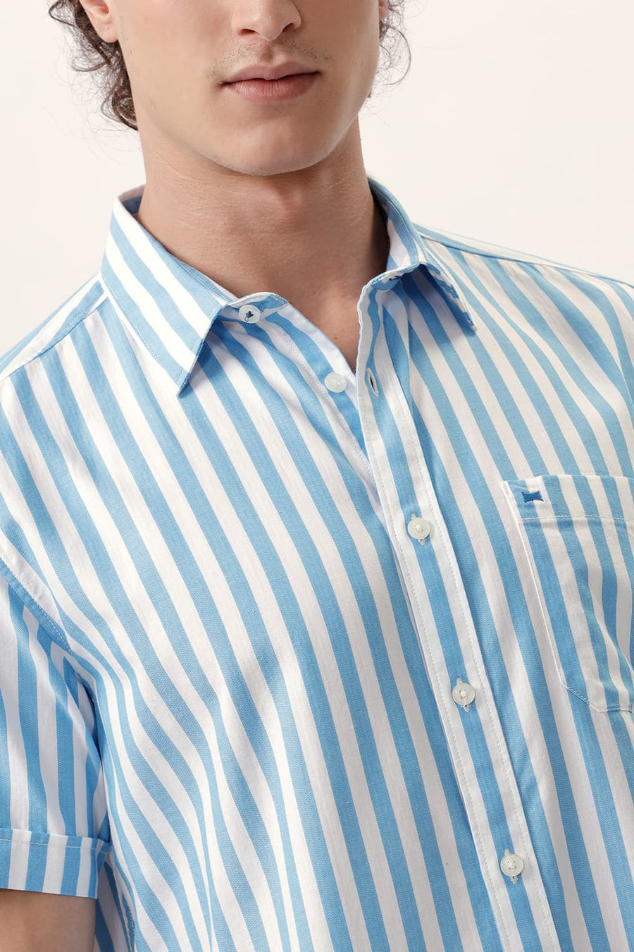 BASICS SLIM FIT AZURE BLUE COTTON HERRINGBONE TWILL STRIPE HALFSLEEVES SHIRT