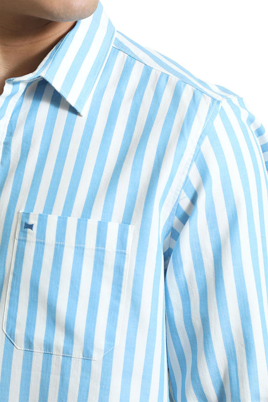 BASICS SLIM FIT AZURE BLUE COTTON HERRINGBONE TWILL STRIPE SHIRT