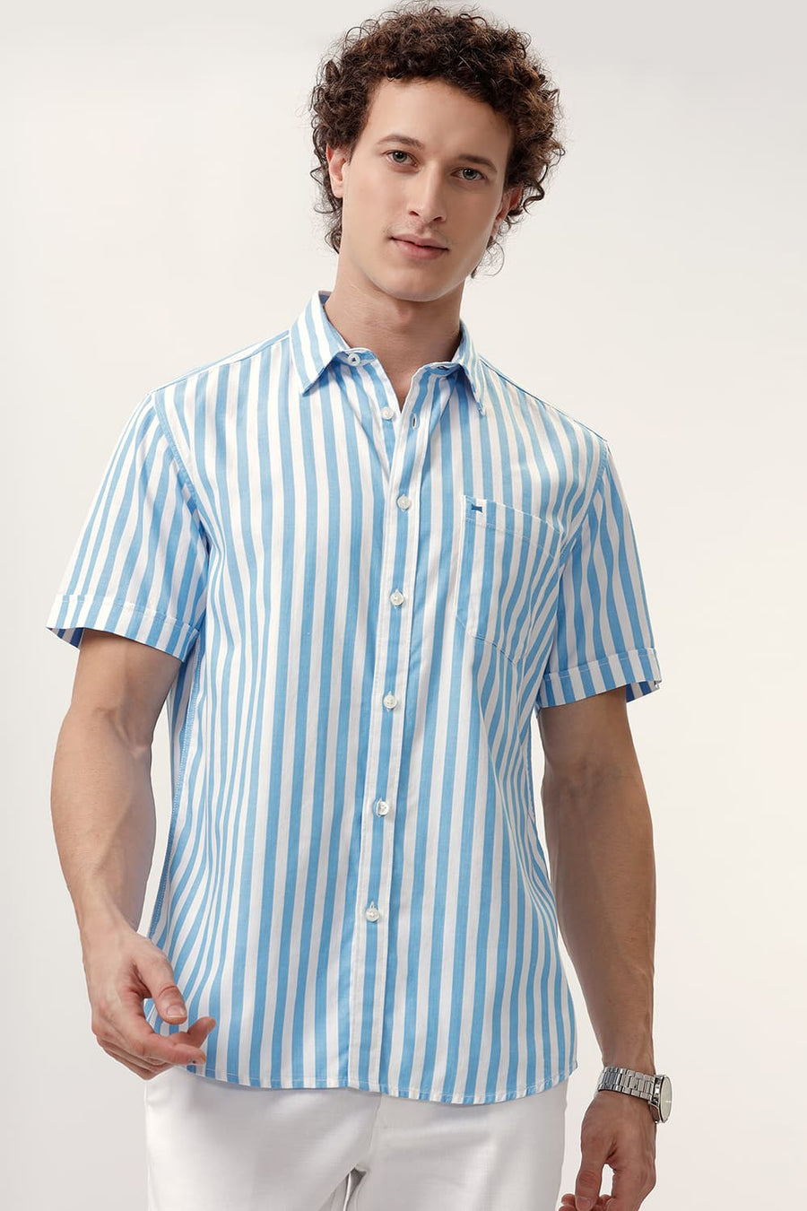 BASICS SLIM FIT AZURE BLUE COTTON HERRINGBONE TWILL STRIPE HALFSLEEVES SHIRT