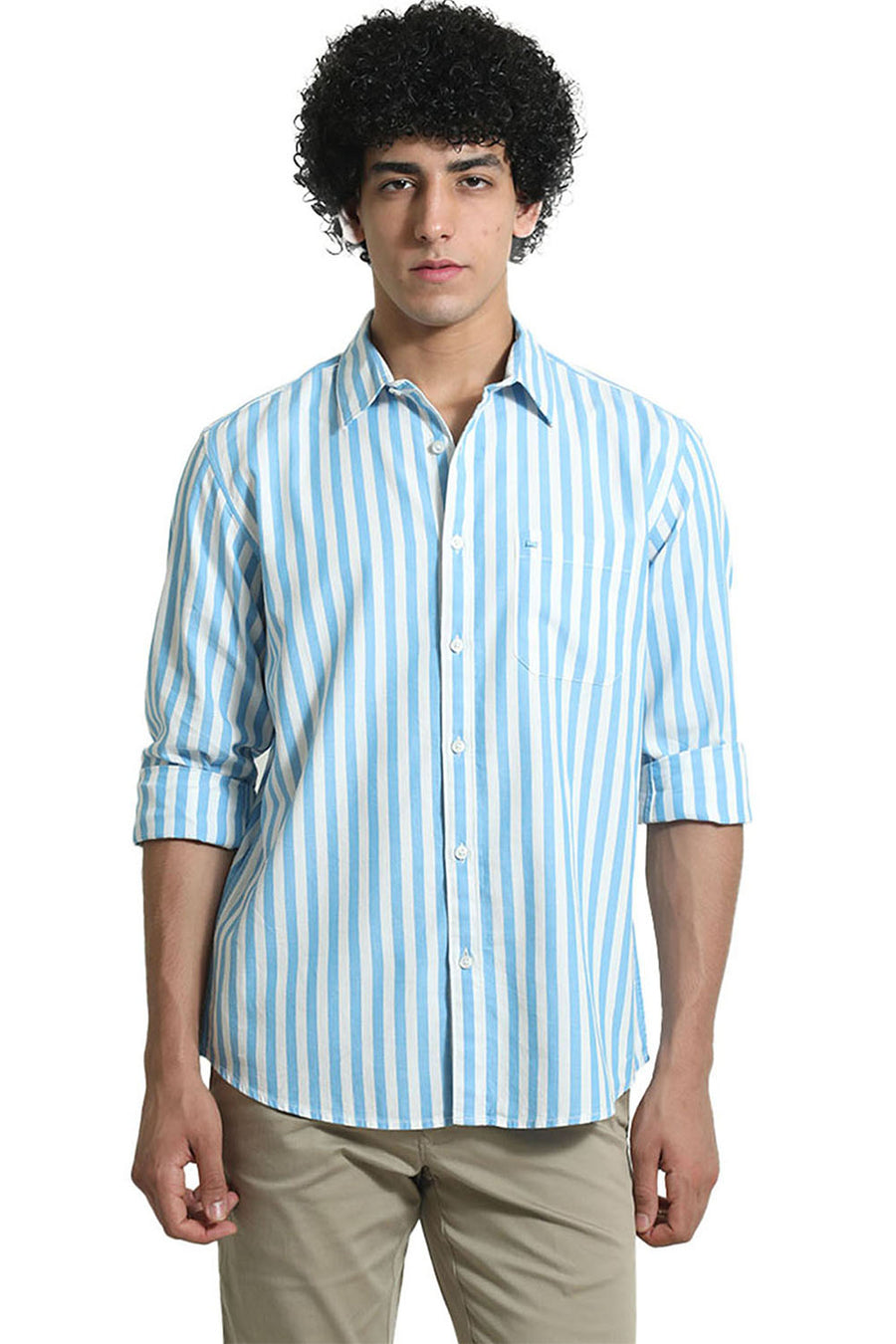 BASICS SLIM FIT AZURE BLUE COTTON HERRINGBONE TWILL STRIPE SHIRT