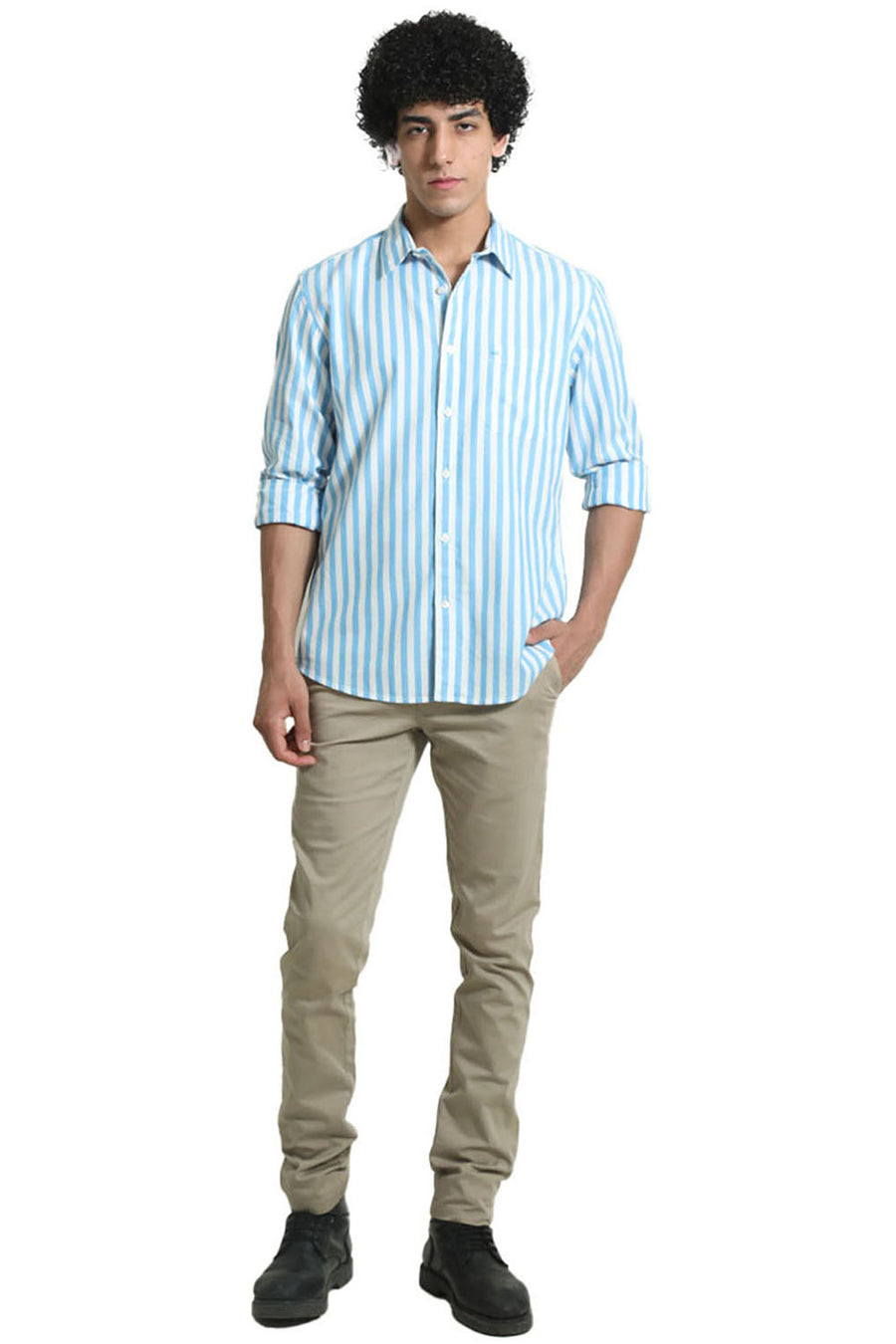 BASICS SLIM FIT AZURE BLUE COTTON HERRINGBONE TWILL STRIPE SHIRT