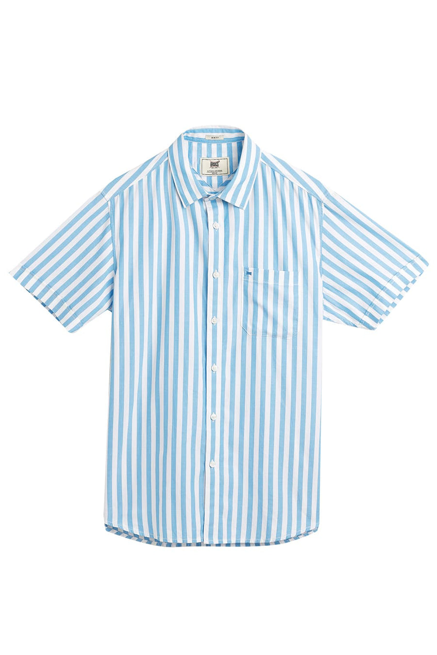BASICS SLIM FIT AZURE BLUE COTTON HERRINGBONE TWILL STRIPE HALFSLEEVES SHIRT