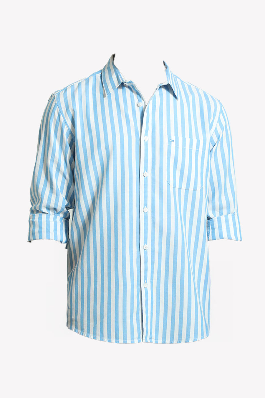 BASICS SLIM FIT AZURE BLUE COTTON HERRINGBONE TWILL STRIPE SHIRT