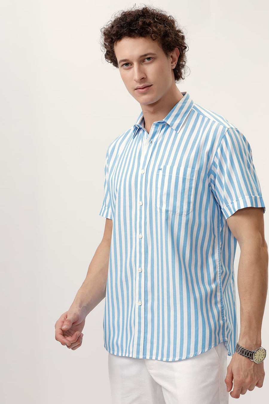 BASICS SLIM FIT AZURE BLUE COTTON HERRINGBONE TWILL STRIPE HALFSLEEVES SHIRT