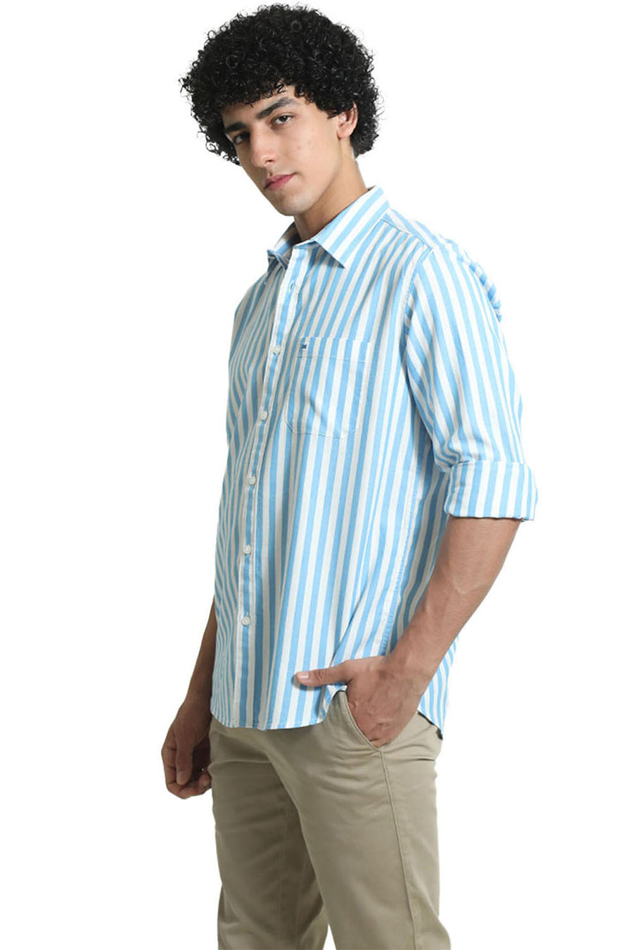 BASICS SLIM FIT AZURE BLUE COTTON HERRINGBONE TWILL STRIPE SHIRT