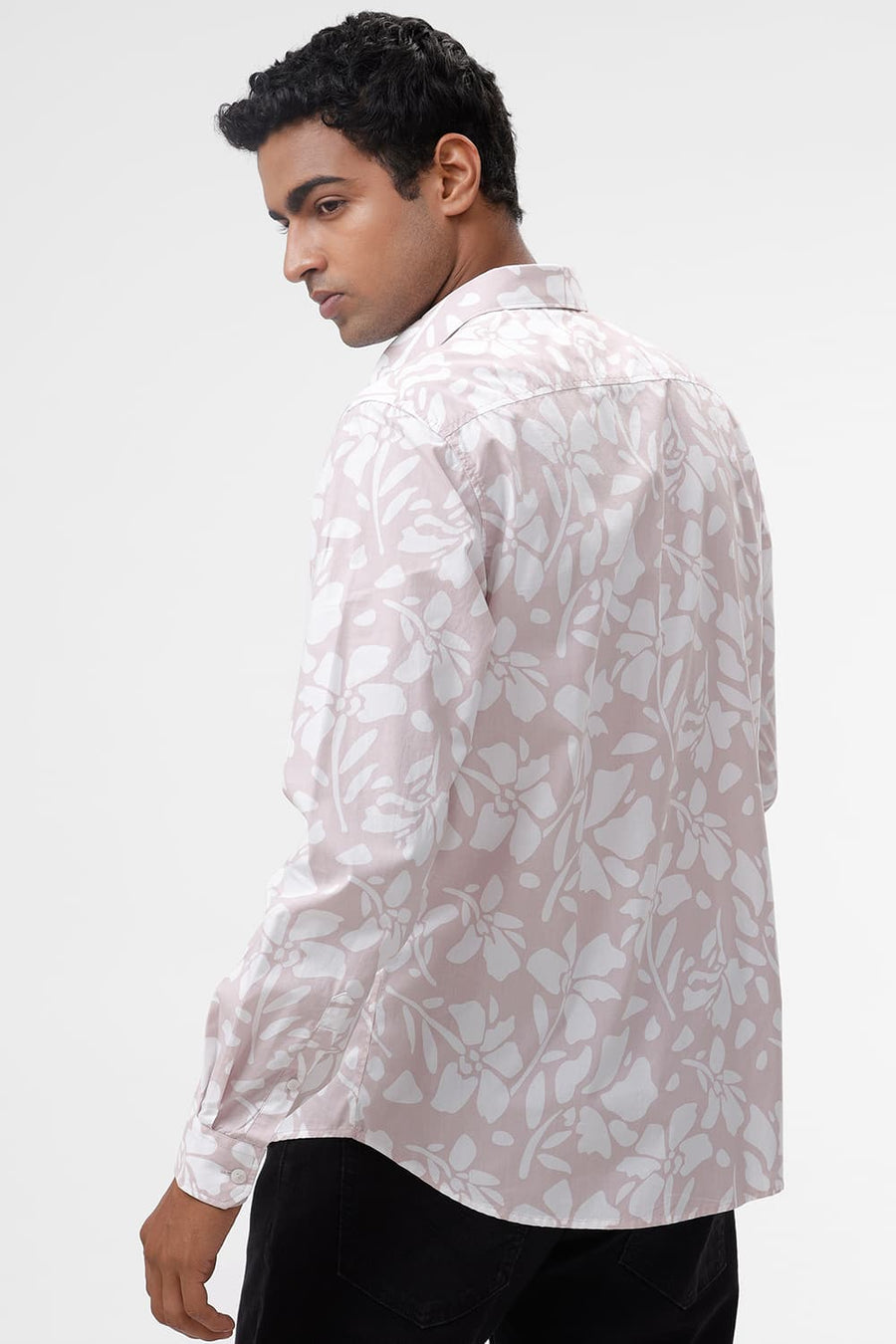 BASICS SLIM FIT SMOKE PINK COTTON POPLIN PRINTED SHIRT