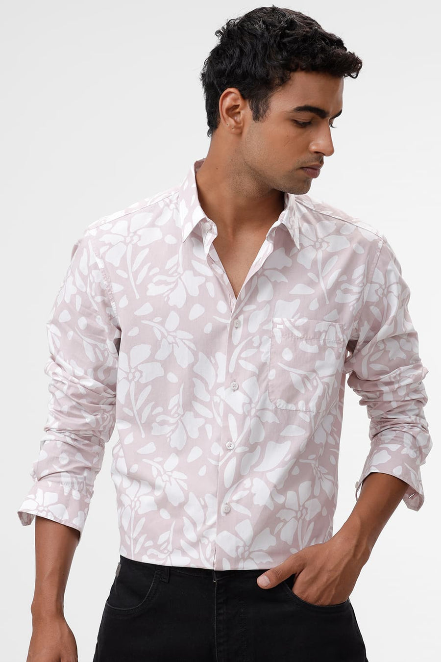 BASICS SLIM FIT SMOKE PINK COTTON POPLIN PRINTED SHIRT