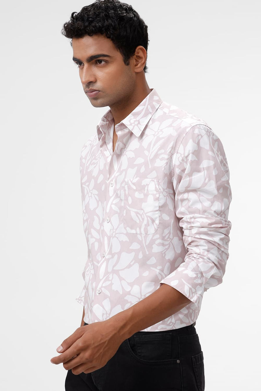 BASICS SLIM FIT SMOKE PINK COTTON POPLIN PRINTED SHIRT