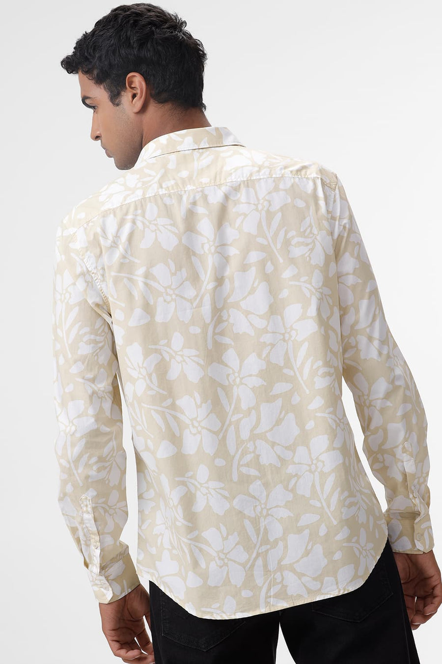BASICS SLIM FIT YELLOW MIST COTTON POPLIN PRINTED SHIRT