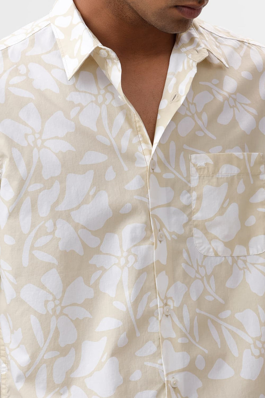 BASICS SLIM FIT YELLOW MIST COTTON POPLIN PRINTED SHIRT
