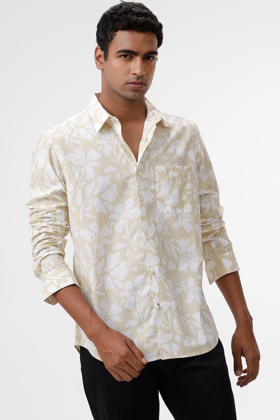 BASICS SLIM FIT YELLOW MIST COTTON POPLIN PRINTED SHIRT