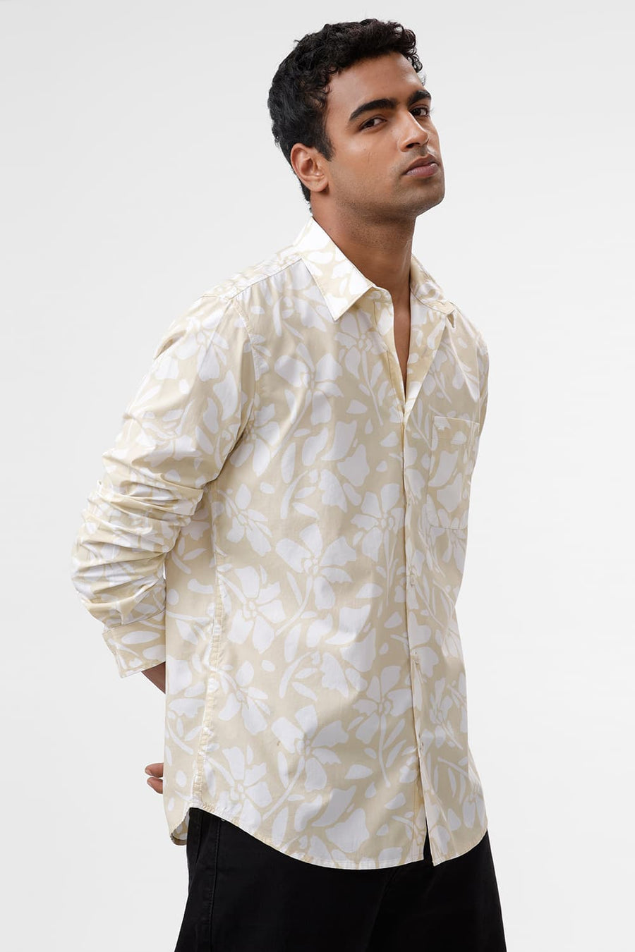 BASICS SLIM FIT YELLOW MIST COTTON POPLIN PRINTED SHIRT