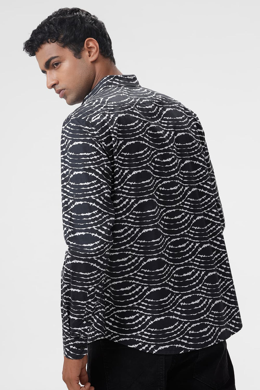 BASICS SLIM FIT BLACK SAND COTTON VISCOSE DIGITAL PRINTED SHIRT