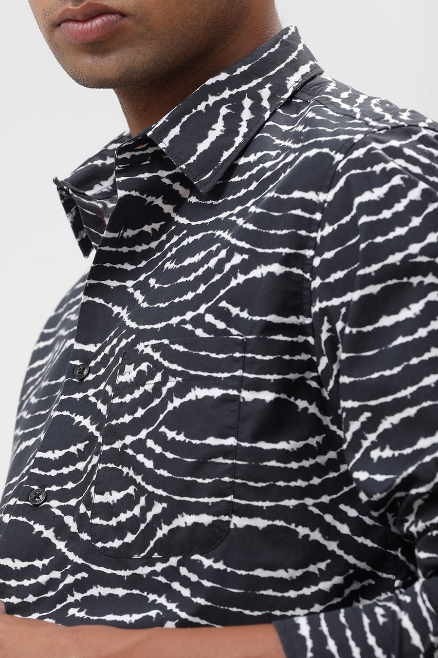 BASICS SLIM FIT BLACK SAND COTTON VISCOSE DIGITAL PRINTED SHIRT